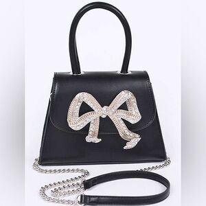 Vegan Patent Leather Rhinestone Bow Top Handle Bag - Red, Black, White